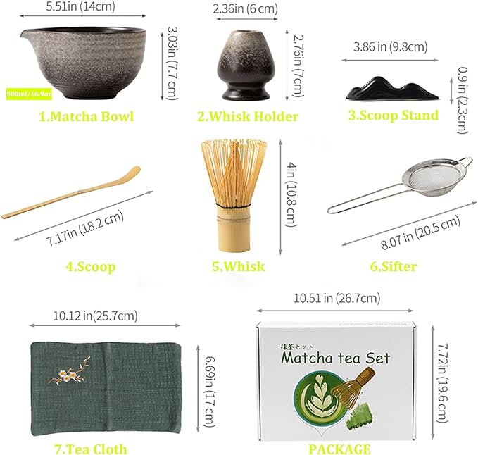 Japanese Matcha Set 7pcs - Ceramic Bowl & Hyaku Hon Tachi Bamboo Whisk (Chasen), Chashaku Spoon, Strainer, Cloth - Traditional Tea Ceremony Kit