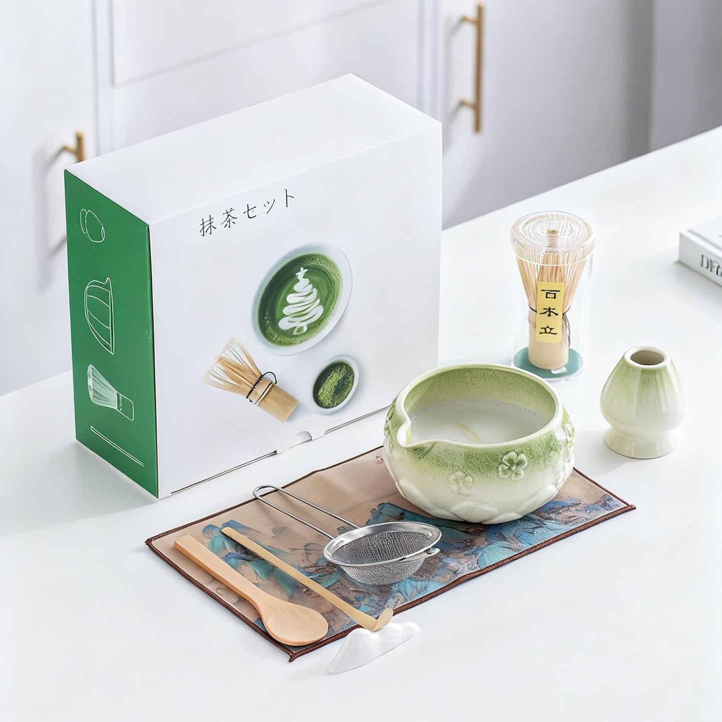 8 Pcs Matcha Whisk Set - Ceramic Matcha Making Kit, Perfect Gifts (Green) | Complete Ceramic Matcha Set, Ceremonial Matcha Tea Kit for Beginners &amp; Tea Lovers