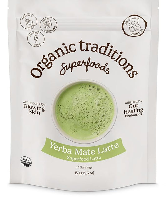 Organic Traditions Yerba Mate Tea Mint Latte with Matcha | Instant Dairy Free Superfood Latte | Instant Tea Latte | 150g/5.3oz Bag