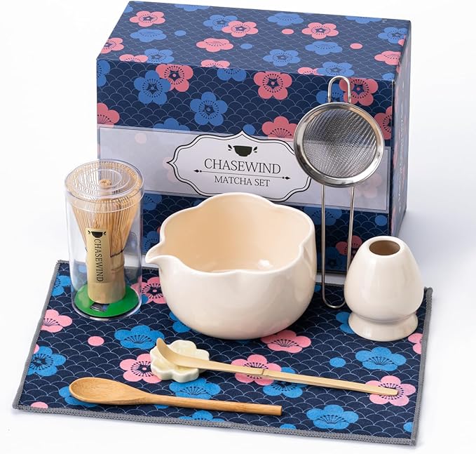 Matcha Set, 8Pcs Floral Ceramic Matcha Set with Matcha Whisk, Holder, Scoop, Scoop Rest, Sifter, Spo