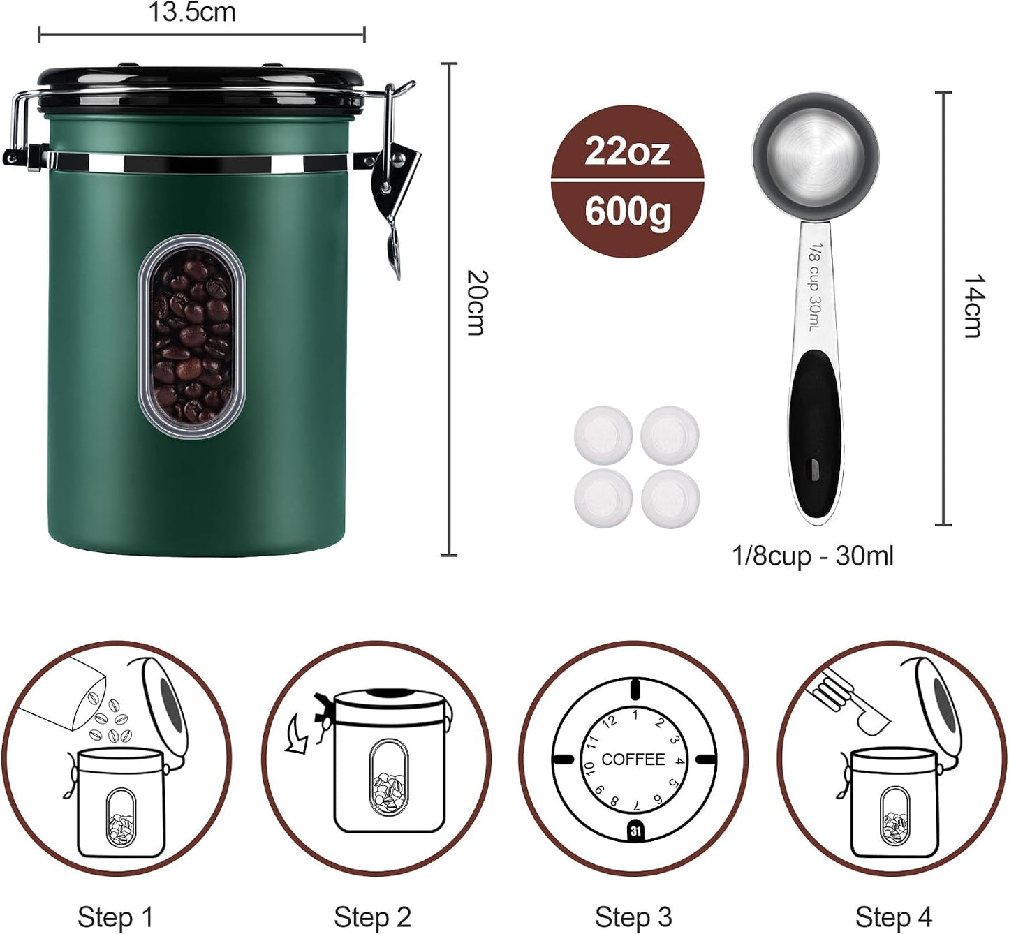 ROCKY&amp;CHAO Airtight Coffee Canister with Date Tracker &amp; Transparent Window, 22OZ Large Tea Coffee Canisters, Coffee Storage Canister, Coffee Container with 30ml Measure Spoon and 4 Co2 Valve(Green)
