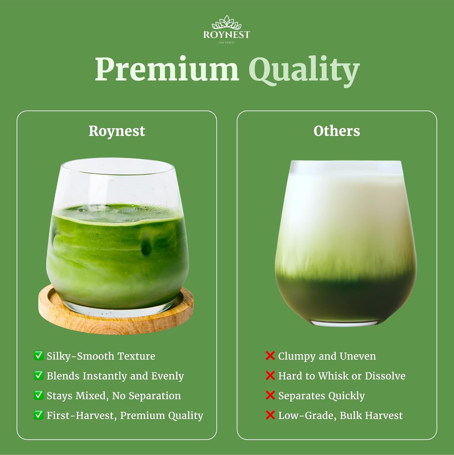 Roynest Premium Certified Organic Matcha Powder – 100% Pure Matcha for Iced Lattes, Smoothies, Cold Drinks & Baking - Clean Energy, Vegan, Non-GMO,- 50g Resealable Pouch