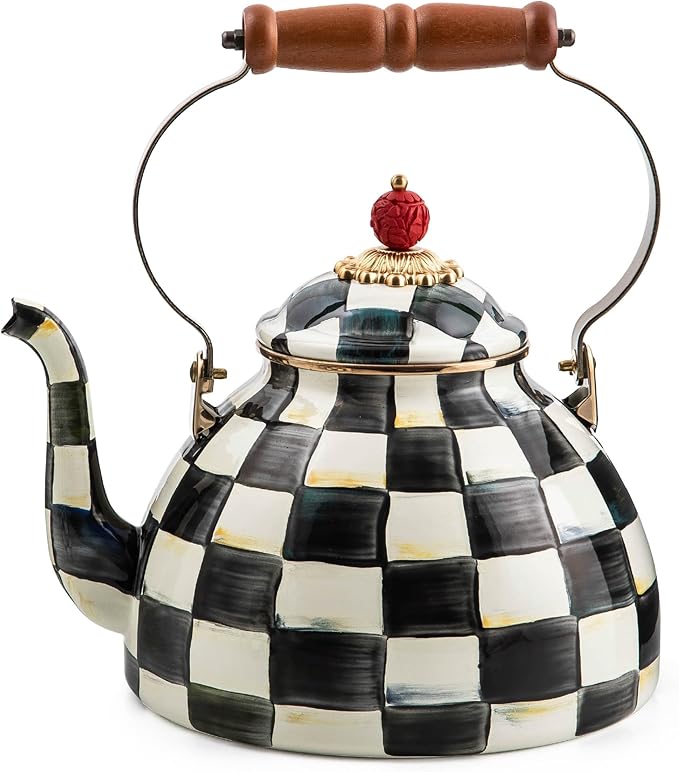 MACKENZIE-CHILDS Enamel Tea Kettle, Stylish Tea Kettle for Stovetop, Black-and-White Courtly Check, 