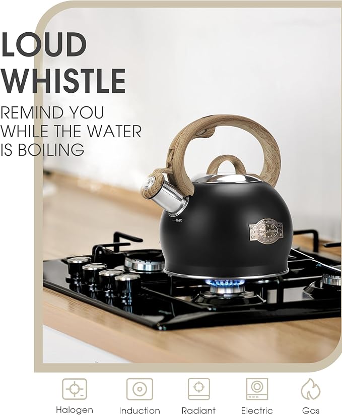 Tea Kettle Stovetop, Black Tea Kettles-2.1 Quart Loud Whistle Stovetop Teapot,Food Grade Stainless Steel with Wood Pattern Handle