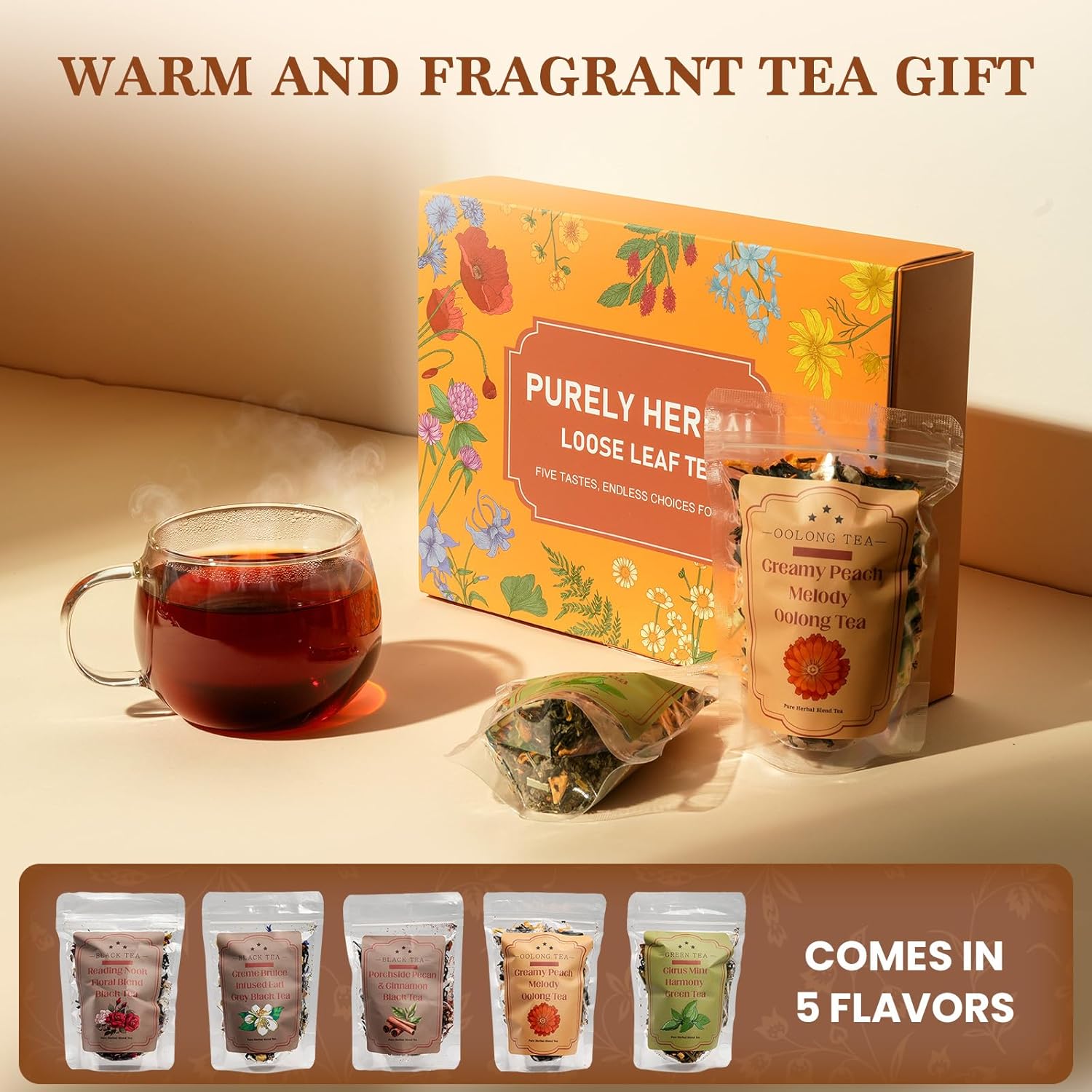 Loose Leaf Tea Sampler Assorted Flavored Tea Gift Set – 5 Natural Blends Relieving Stress & Great Gift For Tea Lovers- Herbal Tea Bags for Freshness, Up to 80 Cups
