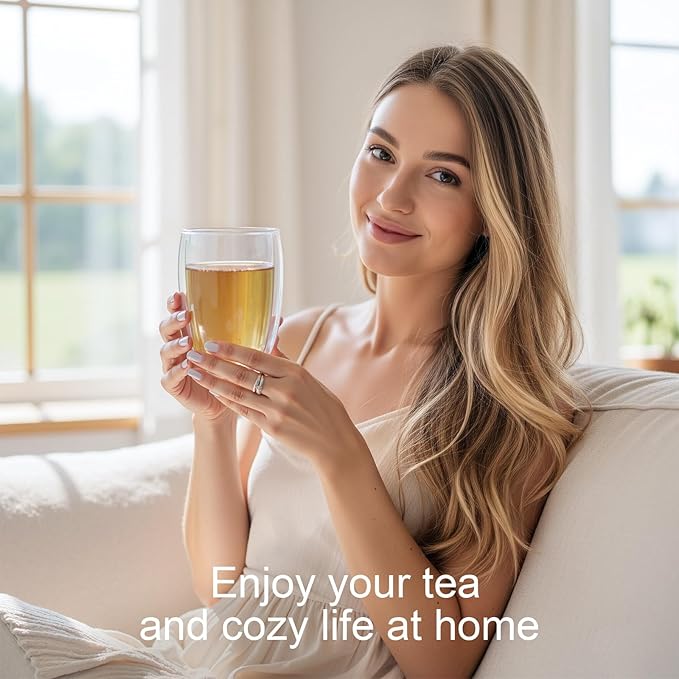 Glass Tea Cup with Infuser and Lid, Tea Infuser Mug in 12 OZ/350ML, Heat-Proof Double Wall Glass Tea Cup, 100% Plastic-Free Tea Mug with Lid and Strainer, Keeps Drinks Hot/Cold Longer Time