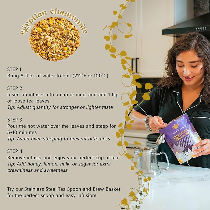 Egyptian Chamomile Tea, Organic Loose Leaf Herbal Tea – Cozy, Calming – Supports Stress Relief, Relaxation & Sleep