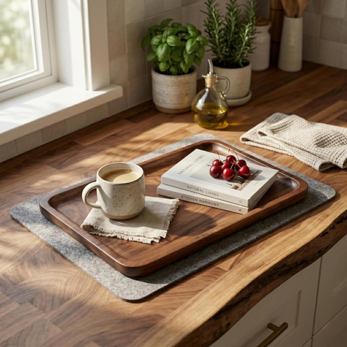 Bamber Wood Serving Tray Wooden Decorative Coffee Tea Platter Black Walnut 13.4 x 9 Inches
