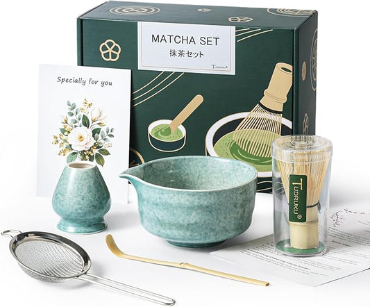 Matcha Whisk Set - Bamboo Whisk and Holder, Bowl with Spout (17 oz), Matcha Sifter and Scoop