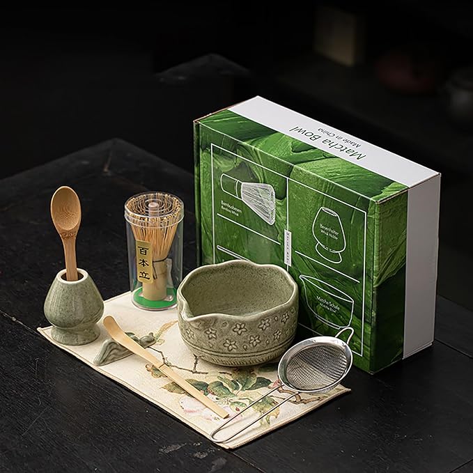 Matcha Whisk Set, 8-Piece Matcha Tea Set with Bamboo Whisk (Chasen), Ceramic Bowl (Chawan), Sifter, 