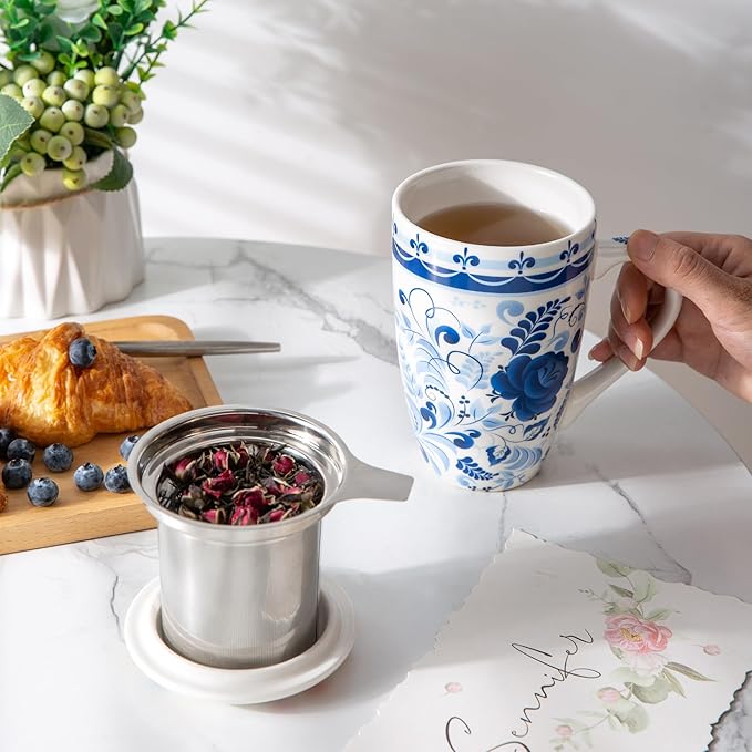 Gbhome Tea Mug with Infuser and Lid, 18 Ounce Large Ceramic Loose Leaf Tea Cup, Microwave, Dishwasher Safe Tea Steeping Mug