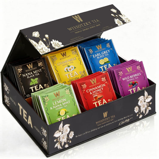 Wissotzky Artisanal Tea Chest Box, Assorted Flavors of Black & Herbal Tea Bags (42 Tea Bags) 6 Flavors, Mothers Day Gift, Tea Sampler Variety Pack