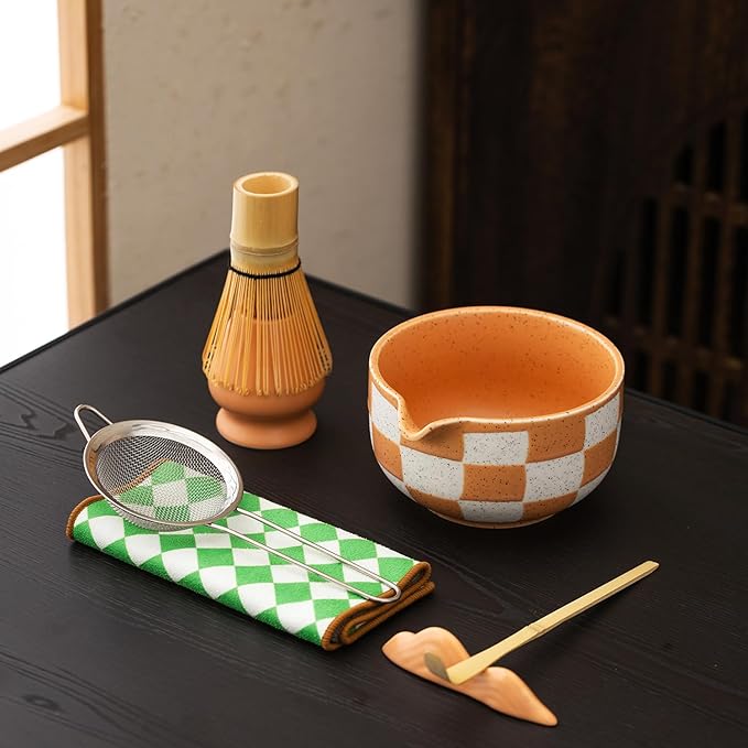 Premium 7-Piece Matcha Tea Set – Traditional Japanese Style with Elegant Grid Pattern, Includes Bamboo Whisk, Ceramic Bowl, Scoop & More
