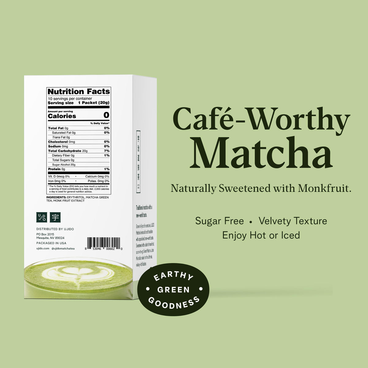 Ujido The Path of Zen Ujido Matcha Green Tea Powder - Sweetened with Japanese Monk Fruit - Sugar Free (20g x 10 packets)