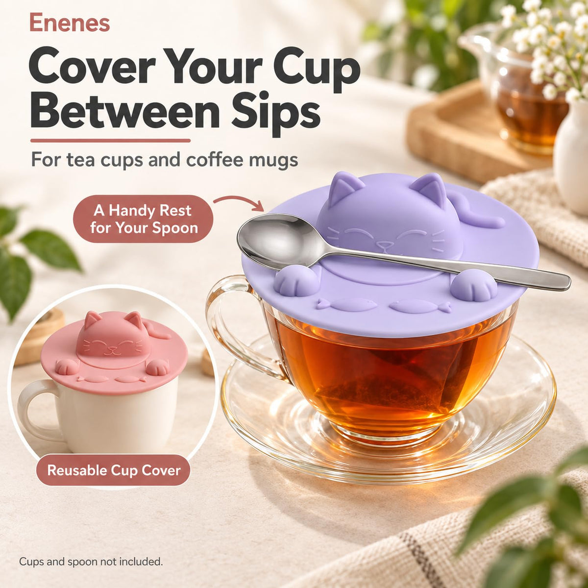 Enenes Tea Bag Holder and Squeezer 4 Pack, 4 Inch Cat Silicone Cup Cover