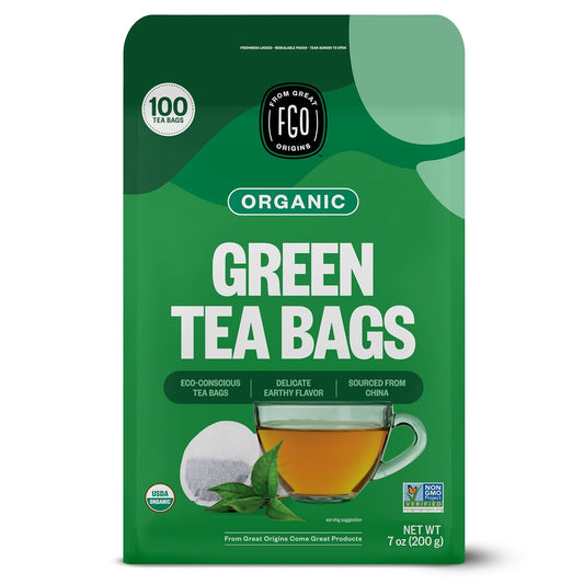 FGO Organic Green Tea, 100 Count Eco-Conscious Tea Bags, Caffeinated, Resealable Pouch, Packaging May Vary (Pack of 1)