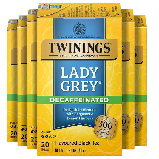 Twinings Decaffeinated Lady Grey Black Citrus Tea Bags, 20 CT Box (6 Pack) | Decaf Blk Tea, a Hint of Bergamot, Orange &amp; Lemon Peel, Citrusy, 120 Foil Lined Individually Wrapped Bags, Hot or Iced