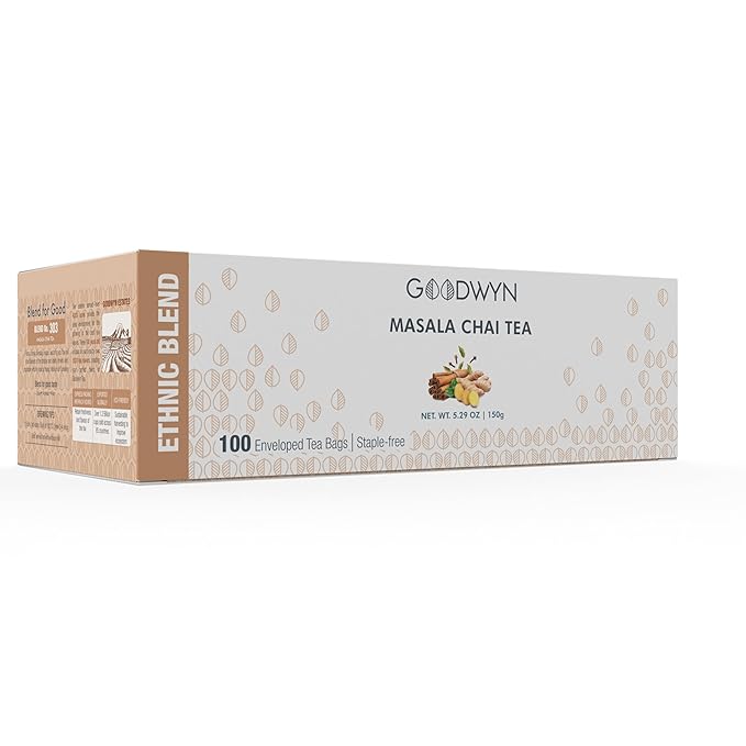 Goodwyn Masala Chai Tea – 100 Individually Wrapped Plastic-Free Tea Bags, Medium Caffeine Black Tea with Pure Indian Spices Cardamom Clove Cinnamon
