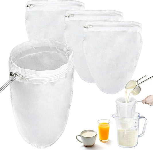 3 PCS Fine Mesh Strainer Bags - RAINFLOW Reusable Cheese Cloth Bag for Straining with Stainless Steel Handle Medium Size Food Grade Filter for Coffee Soy Milk Juices Yogurt and Tea(8x9.8inch)