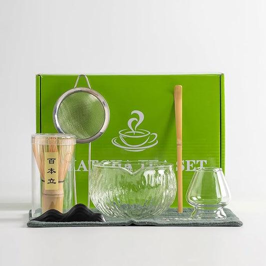Japanese Tea Set (7pcs) Matcha Whisk Set Matcha Bowl with Pouring Spout Bamboo Matcha Whisk (chasen) Scoop (chashaku) Matcha Whisk Holder Tea Making