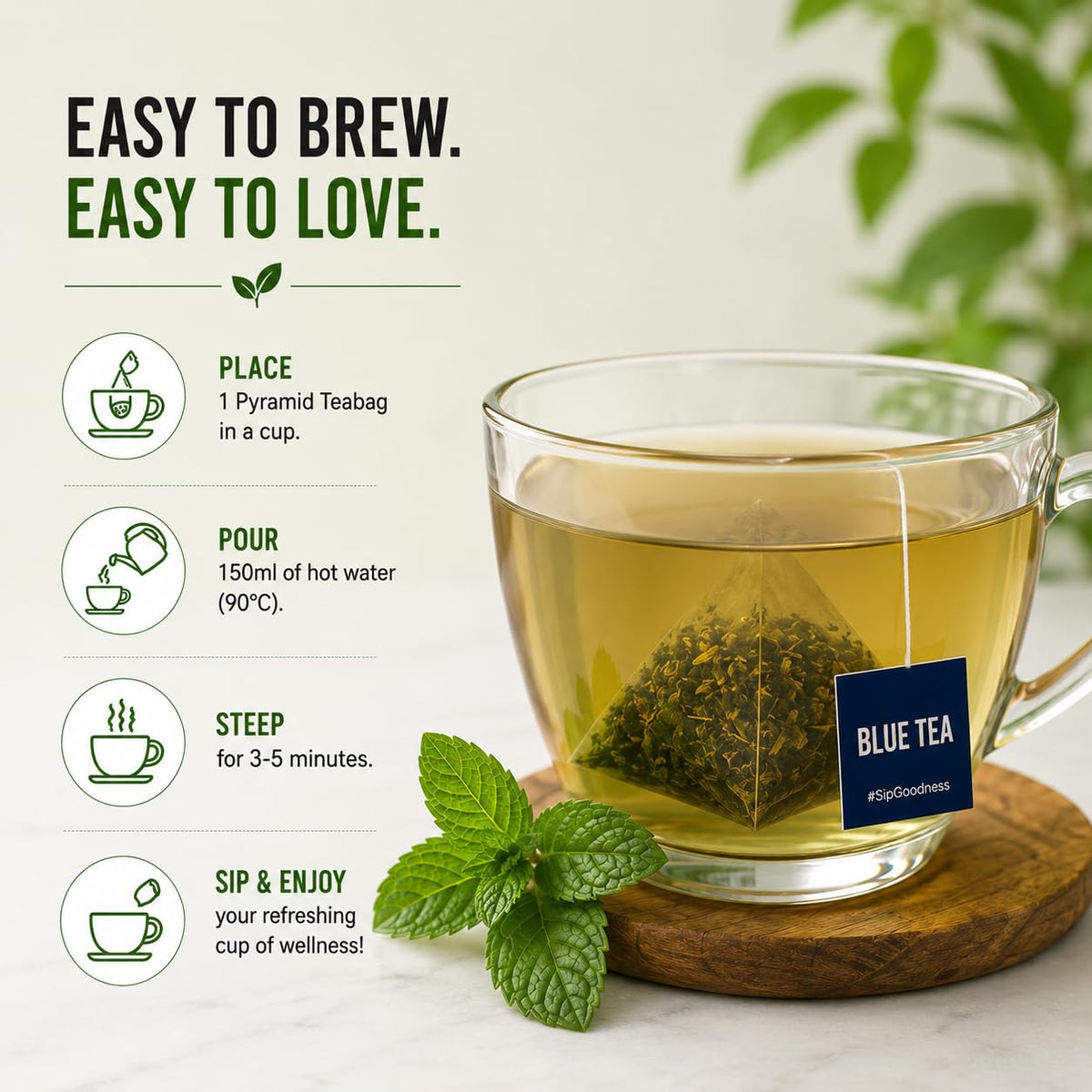 BLUE TEA - Spearmint Tea - 100 Count - Pyramid Plant Based Tea Bag | PCOS RELIEF | Balances Hormones - Support Digestion