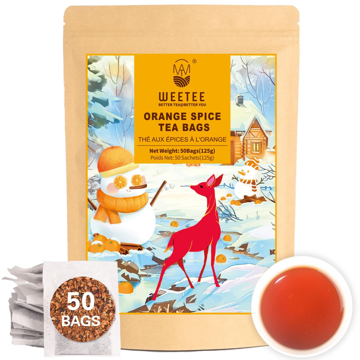 WT WEETEE Orange Spice Herbal Tea Bags 50count, Caffeine-free w/o Black Tea