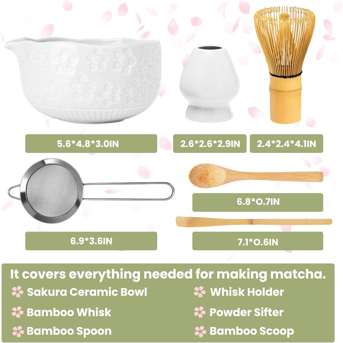 Matcha Whisk Set, Sakura White Ceramic Matcha Set Includes Matcha Bowl, Matcha Whisk (Chasen) and Holder, Sifter, Bamboo Scoop &amp; Spoon - 6 Pcs Matcha Kit for Matcha Lovers