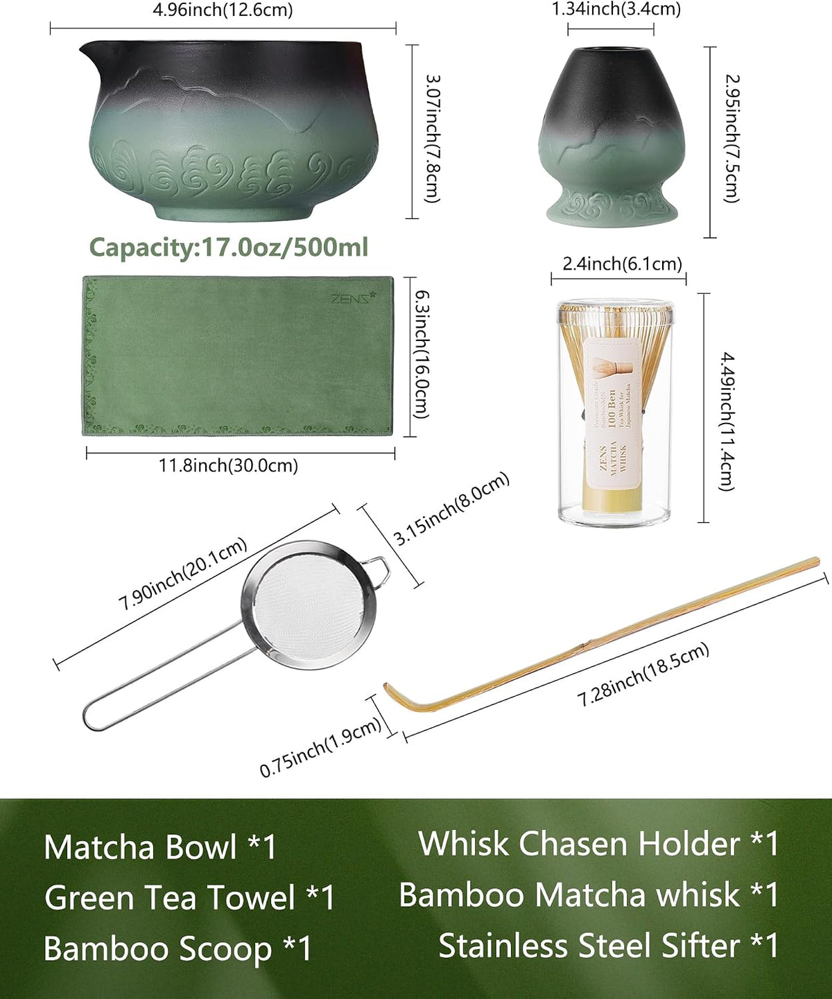 ZENS Premium Matcha Whisk Set, 6pcs Matcha Kit with Matcha Tools, Green