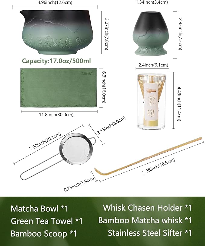 ZENS Matcha Whisk Set, Matcha Kit Set with Bowl and Bamboo Whisk, 304 Sifter, Scoop, (Chasen Holder) -Tea Mat, 6pcs Matcha Set for Latte-Making, Sage Green