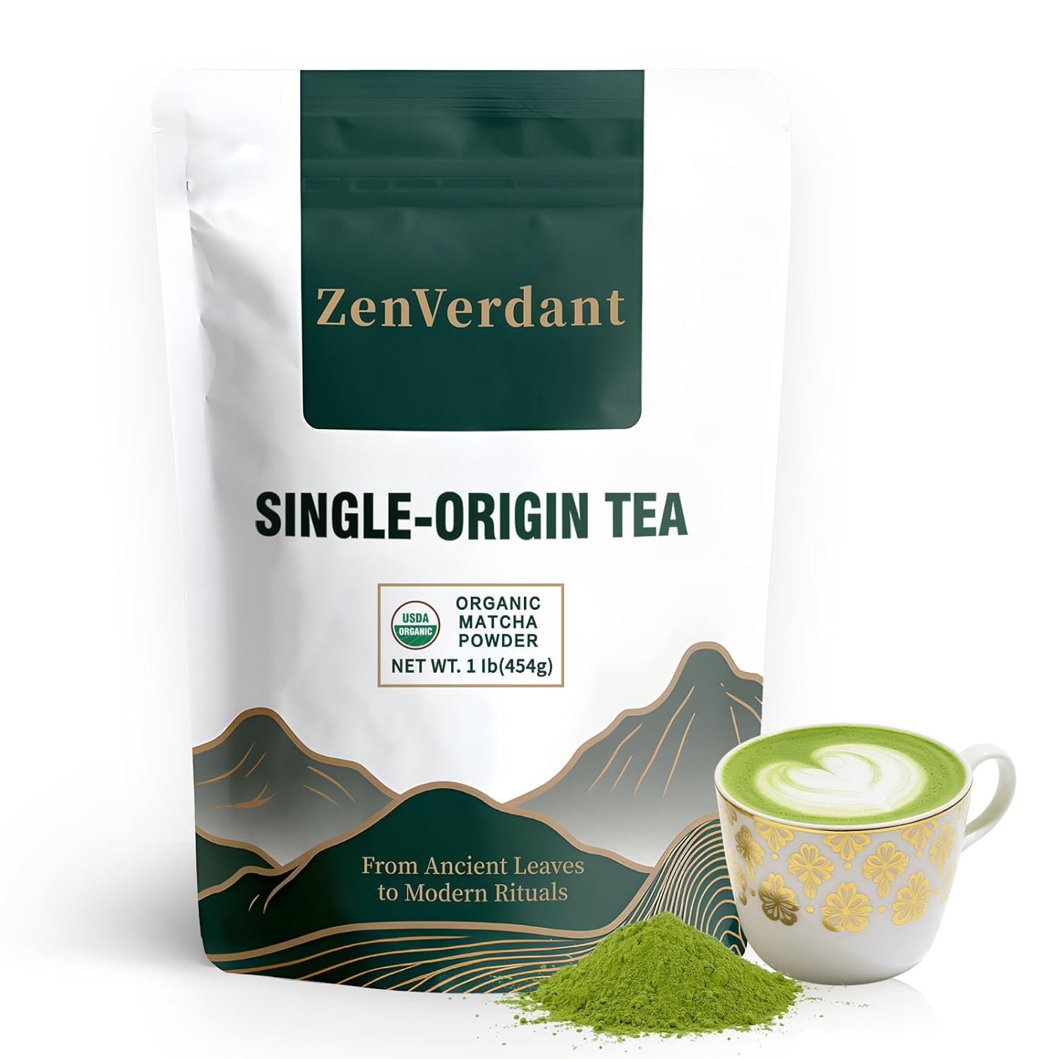 ZenVerdant Organic 1lb Culinary Matcha Powder | Premium Certified Matcha for Lattes, Baking & Smoothies | Smooth No-Clump, Low-Bitterness | 1lb = 100+ Lattes | Resealable Pouch