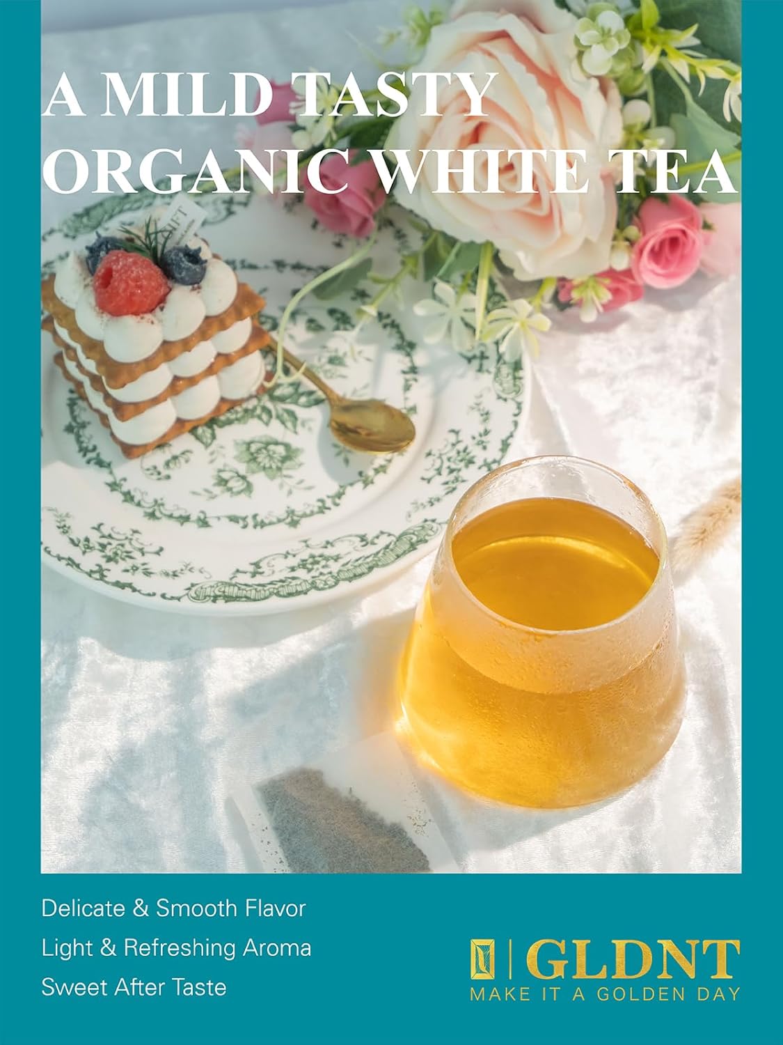 GLDNT Organic White Tea Bags, Natural Premium Organic White Tea, Mellow & Delicate Taste, Caffeinated, 100 Count
