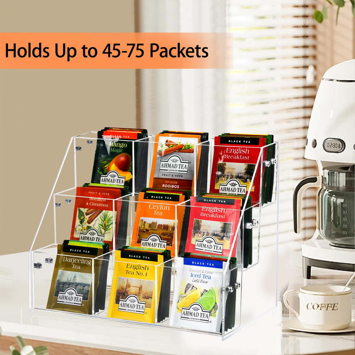 Wuudy Tea Bag Organizer, Acrylic Tea Holder Storage Rack, Assembly Required