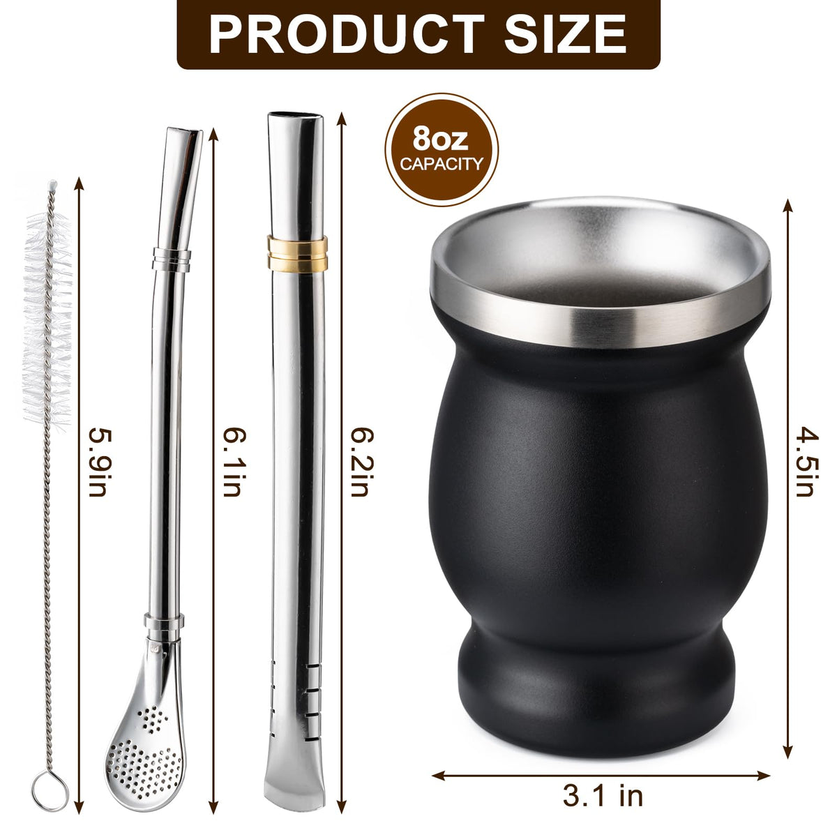 Husfunov 8oz Yerba Mate Cup, 304 Stainless Steel Double-Wall Mate Cup
