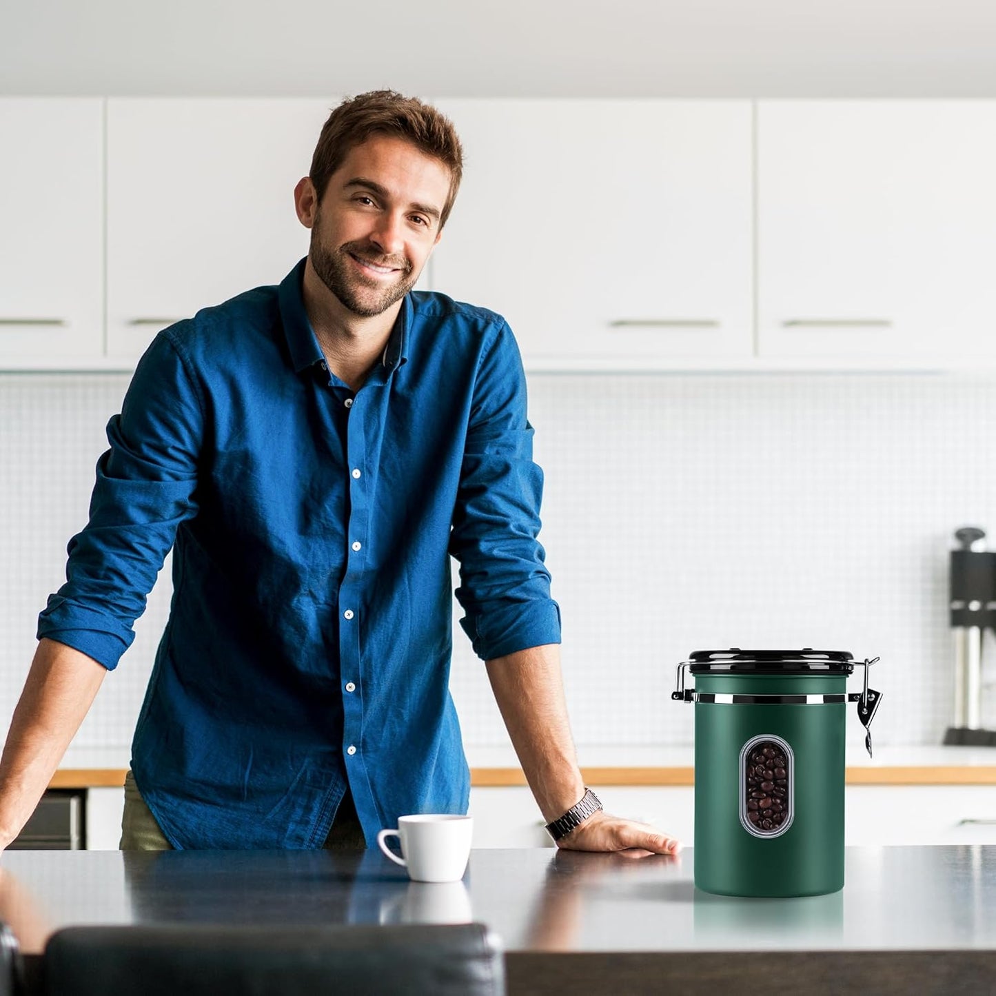 ROCKY&amp;CHAO Airtight Coffee Canister with Date Tracker &amp; Transparent Window, 22OZ Large Tea Coffee Canisters, Coffee Storage Canister, Coffee Container with 30ml Measure Spoon and 4 Co2 Valve(Green)