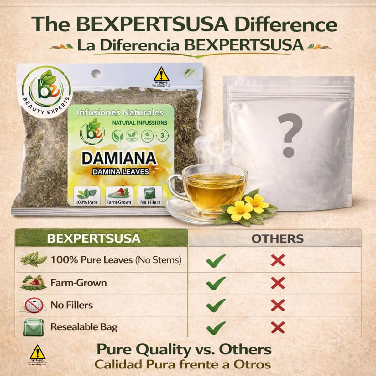 Damiana Leaf Te – 4 oz (113g) Loose Herbal Tea + Stainless Steel Tea Infuser – 100% Natural Turnera diffusa – Authentic