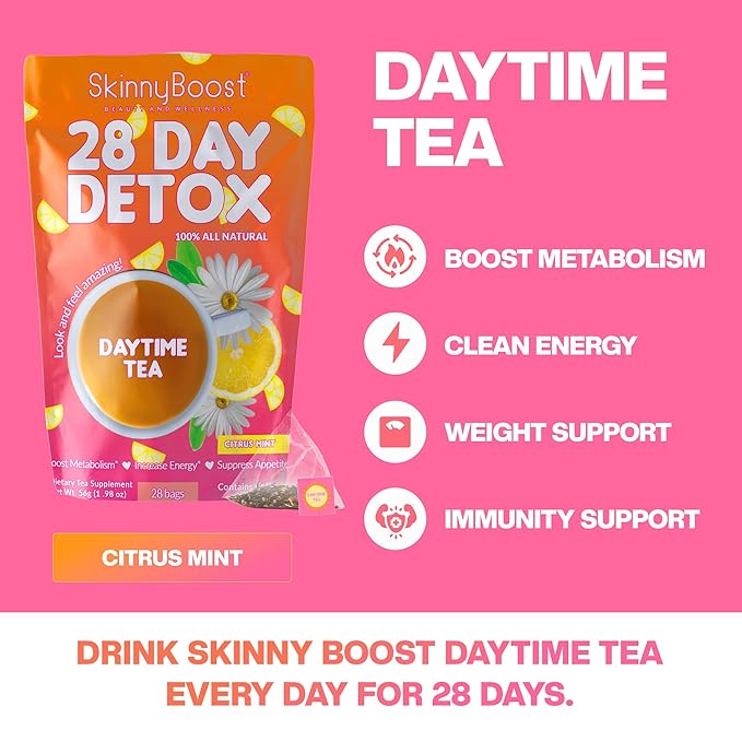 Skinny Boost Detox Tea Kit – 4 PACK - 2 Daytime Teas (56 Bags) 2- Evening Teas (28 Bags) – Herbal Detox for Weight, Metabolism, Energy, Bloating & Colon Cleanse – Green Tea, Vegan, Keto, Non-GMO, Sugar-Free