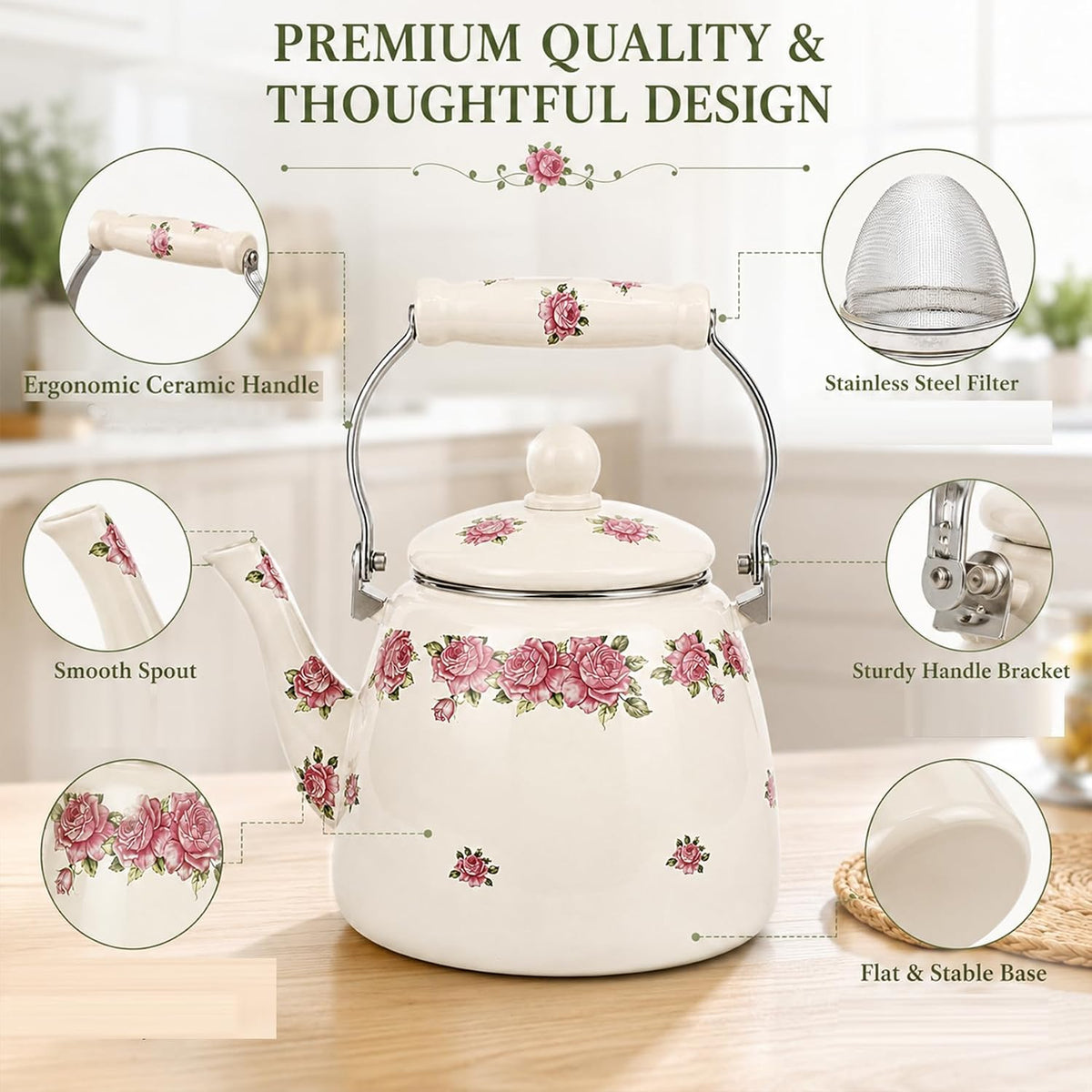 112 oz Floral Tea Kettle Pot for Stove Top, 3.5 QT Enamel Teapot