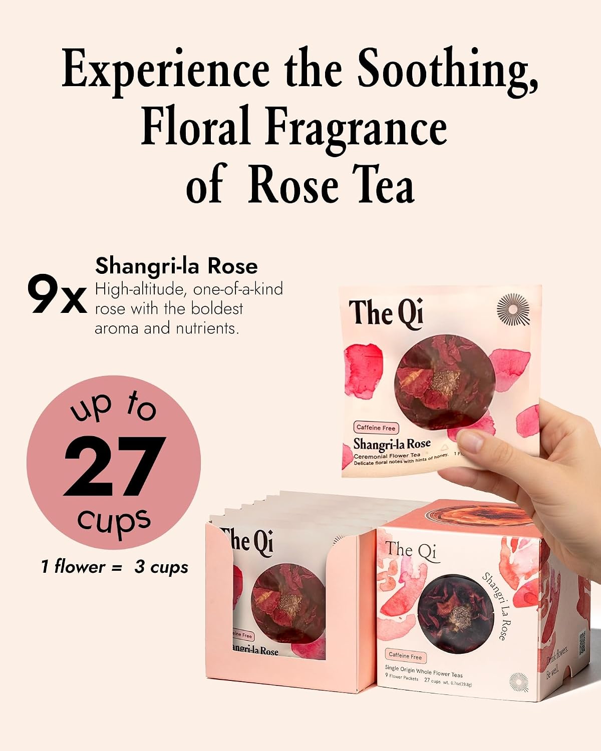 The-Qi Shangri-La Rose Blooming Flower Tea – The Qi 9 Pcs Handpicked Whole Rose Flowers – 100% All Natural Blooming Tea Gift Set for Inner Calm & Relaxation, Caffeine-free – Makes 27 Cups