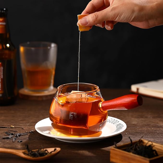 Healifty Glass Tea Pitcher with Wooden Handle and Infuser Thick Borosilicate Glass Dispenser Cup for Loose Leaf Tea Easy-pour Spout for Office Home