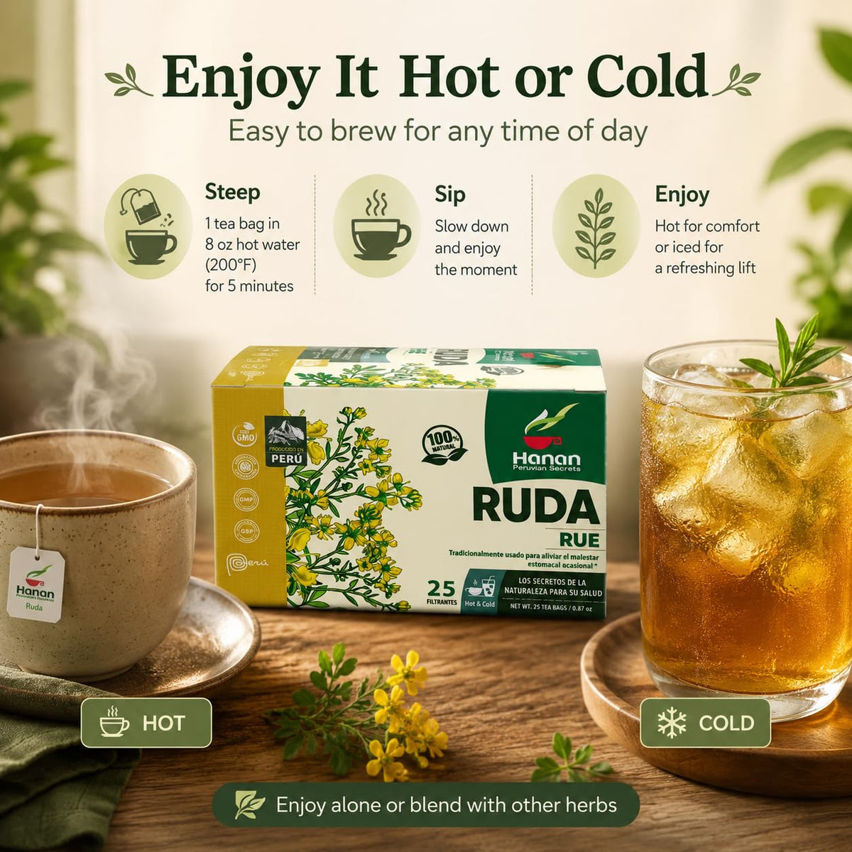 HANAN PERUVIAN SECRETS Hanan Te de Ruda Rue 25 Tea Bags for Relaxation & Well-Being, Ruta Graveolens, Natural Herbal Tea from