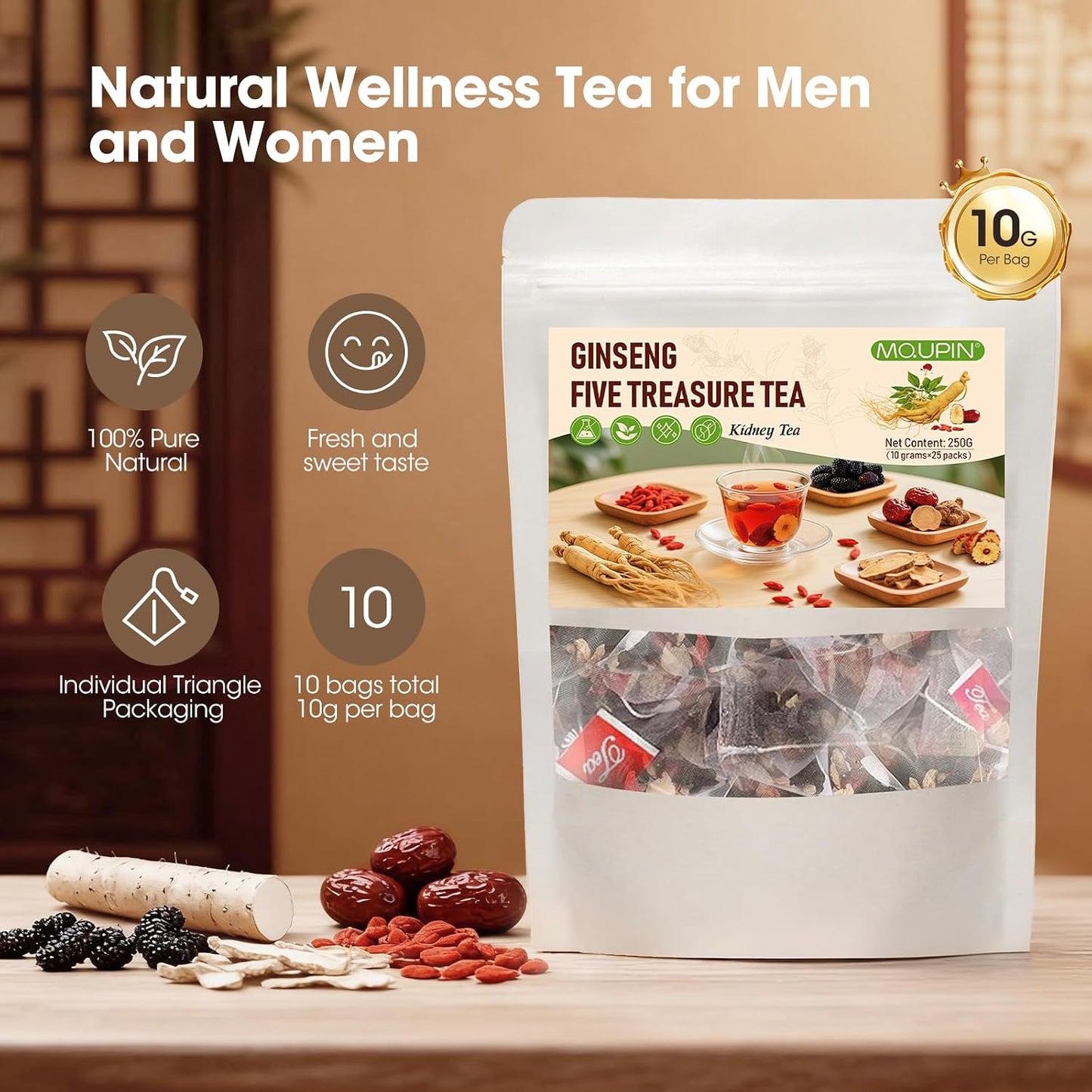 Ginseng Five Treasure Kidney Tea, Natural Cleanse Tea with 5 Precious Ingredients, Kidney Cleanse Detox &amp; Repair for Men &amp; Women, Chinese Herbal Tea Bags(10g x25pcs)