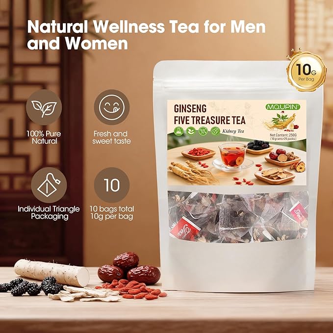 Ginseng Five Treasure Kidney Tea, Natural Cleanse Tea with 5 Precious Ingredients, Kidney Cleanse Detox & Repair for Men & Women