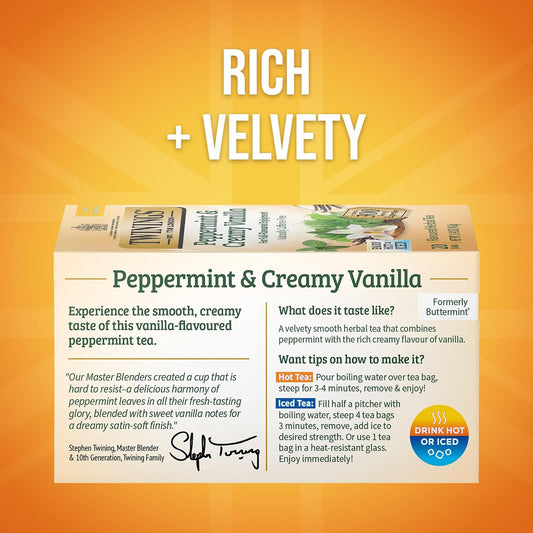 Twinings Peppermint &amp; Creamy Vanilla Herbal Tea Bags, 20 CT Box (1 Pack) | Formerly Buttermint, Minty &amp; Creamy, Naturally Caffeine-Free, 20 Foil Lined Individually Wrapped Bags, Enjoy Hot or Iced