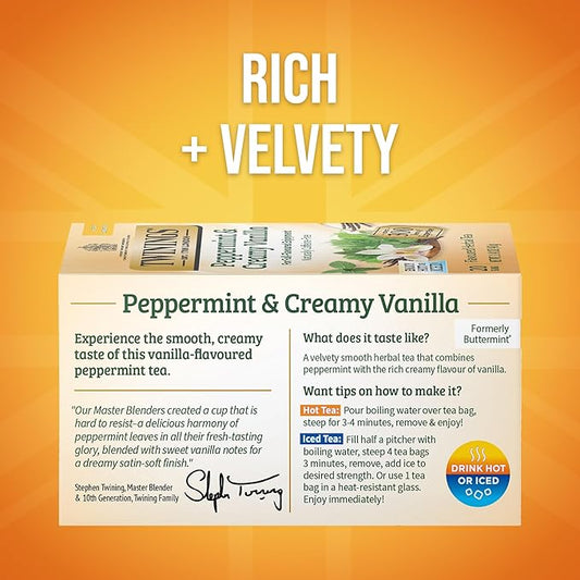 Twinings Peppermint & Creamy Vanilla Herbal Tea Individually Wrapped Bags, 20 Count (Pack of 2), Formerly Buttermint, Naturally Caffeine-Free, Enjoy Hot or Iced