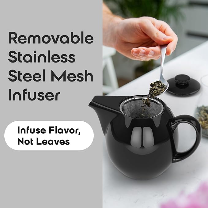 OmniWare 24 Oz Stoneware Teapot with Stainless Steel Mesh Infuser (Black) - Microwave & Dishwasher Safe, Removable Infuser