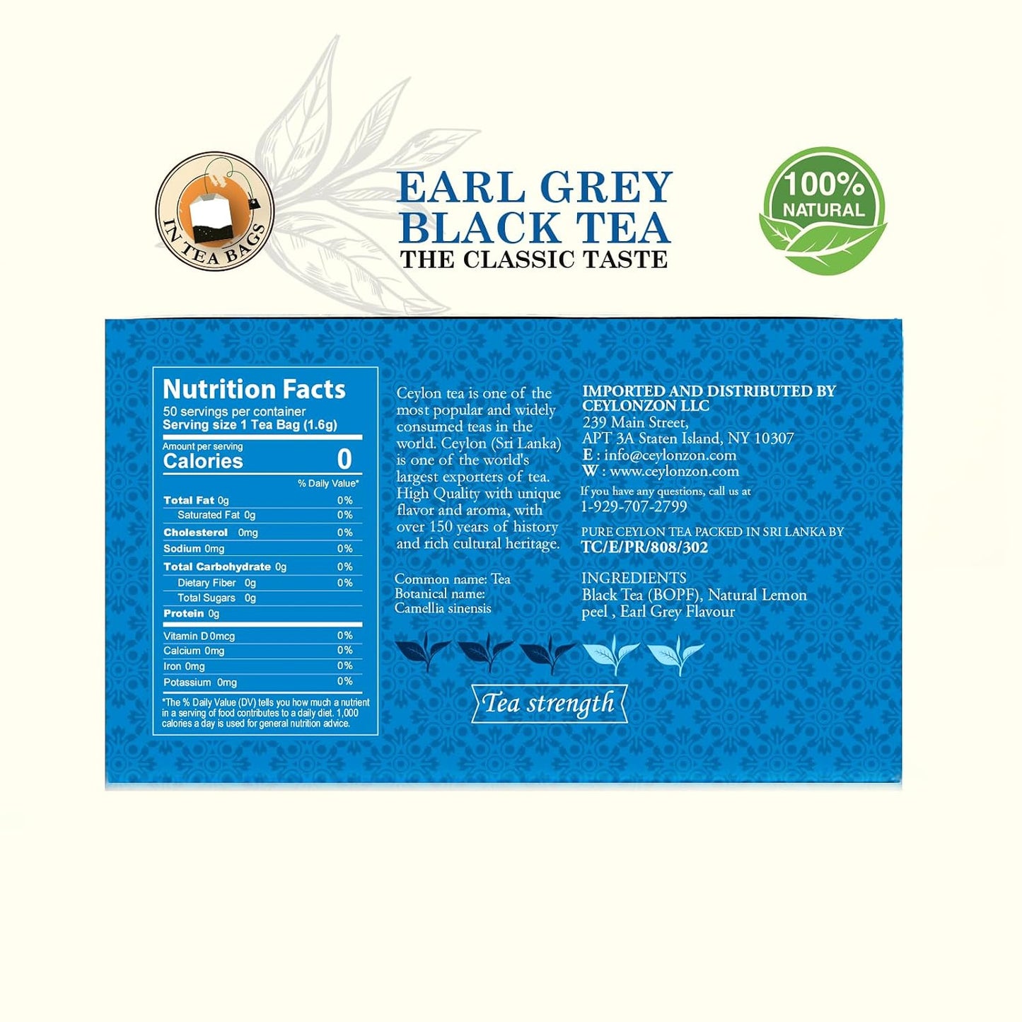 Ceylonzon Earl Grey Black Tea Classic Taste 50 Individually Foil-Wrapped Tea Bags, Infused with Pure Bergamot for a Bold, Aromatic Flavor and Refreshing Experience 80g