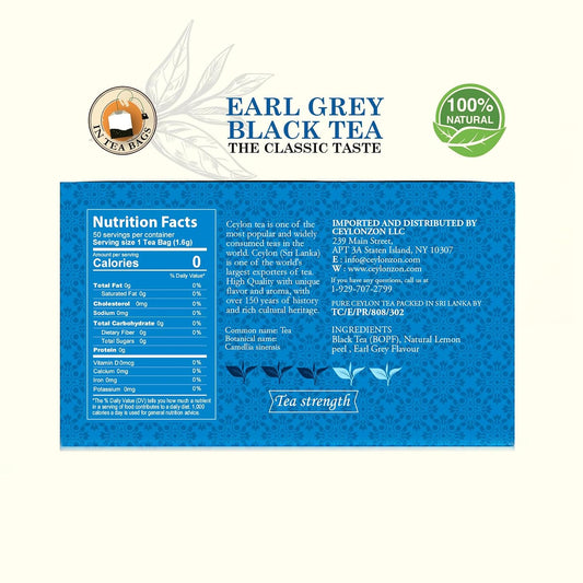 Ceylonzon Earl Grey Black Tea Classic Taste 50 Individually Foil-Wrapped Tea Bags, Infused with Pure Bergamot for a Bold, Aromatic Flavor and Refreshing Experience 80g