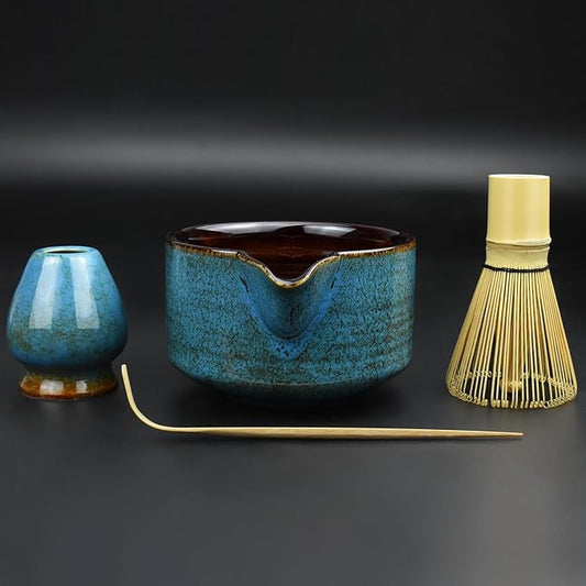 Artcome 4 Pcs Complete Matcha Tea Ceremony Kit for Japanese Tea Ceremony, Bowl with Pouring Spout, Whisk, Whisk Holder, Tea Scoop
