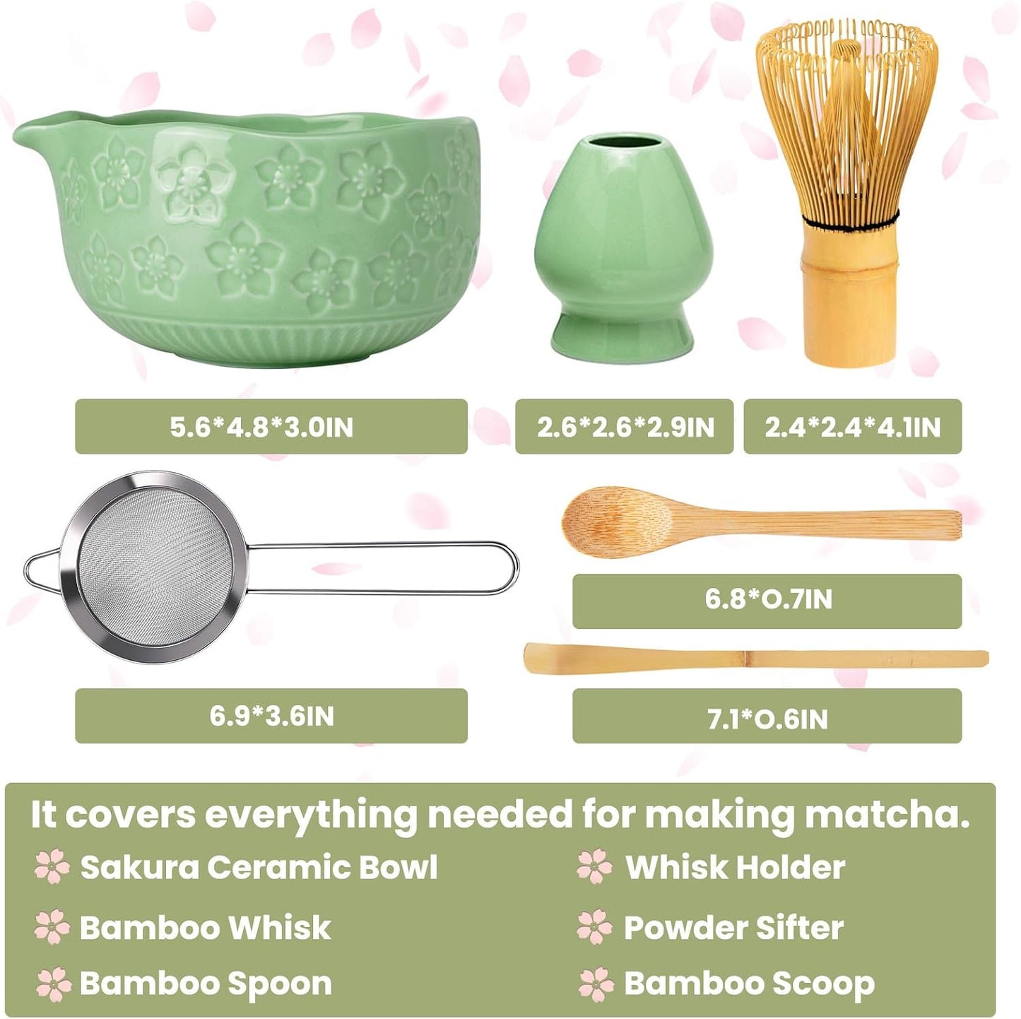 Matcha Whisk Set, Sakura Cyan Ceramic Matcha Set Includes Matcha Bowl, Matcha Whisk (Chasen) and Holder, Sifter, Bamboo Scoop &amp; Spoon - 6 Pcs Matcha Kit for Matcha Lovers