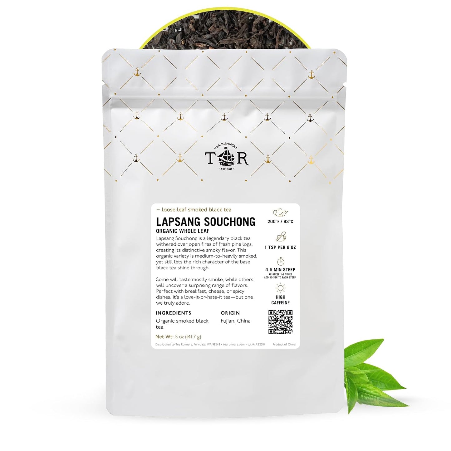 Tea Runners Lapsang Souchong Organic Whole Leaf Black Tea – Small Batch, Smoked Over Pinewood for Bold, Complex Flavor – Premium Fujian China Loose Leaf Tea, High Caffeine - 5 oz